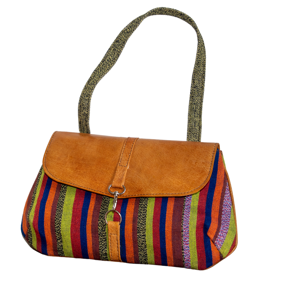 Rainbow Clutch made of fabric with ecologically tanned leather